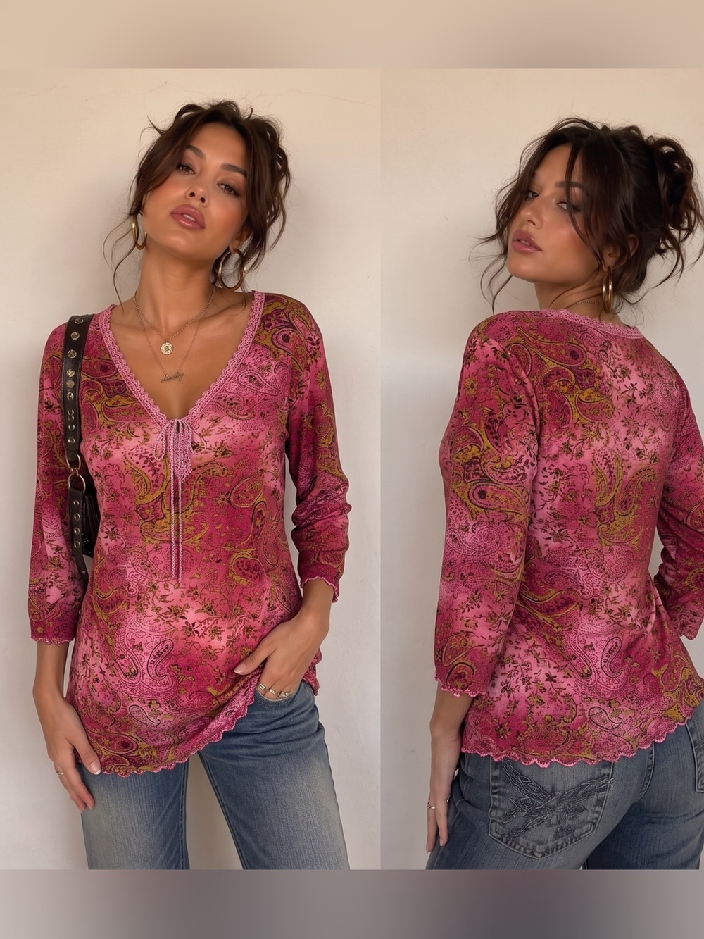 AVENUE Y2K Paisley Lettuce Edge 3/4 Sleeve Top